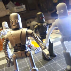 A group of assembled robot model kits